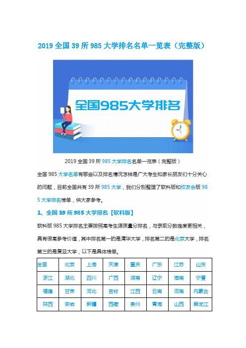 2019全国39所985大学排名名单一览表(完整版)