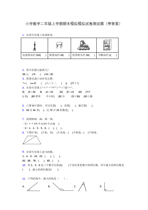 小学数学二年级上学期期末模拟模拟试卷测试题(带答案)