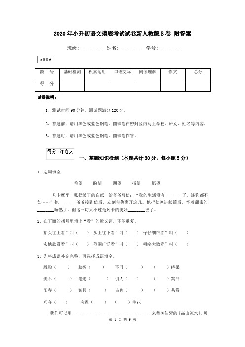 2020年小升初语文摸底考试试卷新人教版B卷 附答案