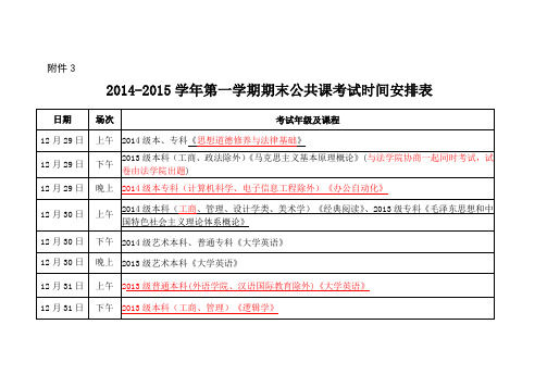 2014-2015学年第一学期期末公共课考试时间安排表