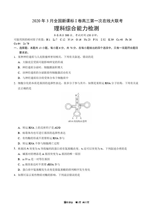 2020年3月全国新课标Ⅰ卷高三第一次在线大联考 理科综合能力检测试题(含答案+详解)