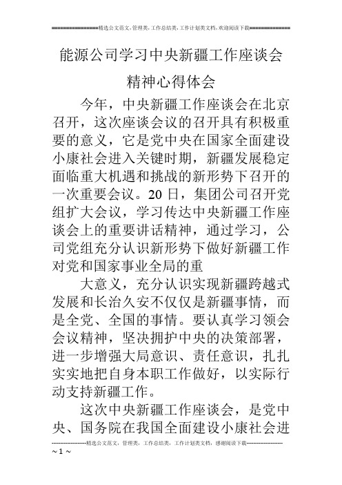 能源公司学习中央新疆工作座谈会精神心得体会