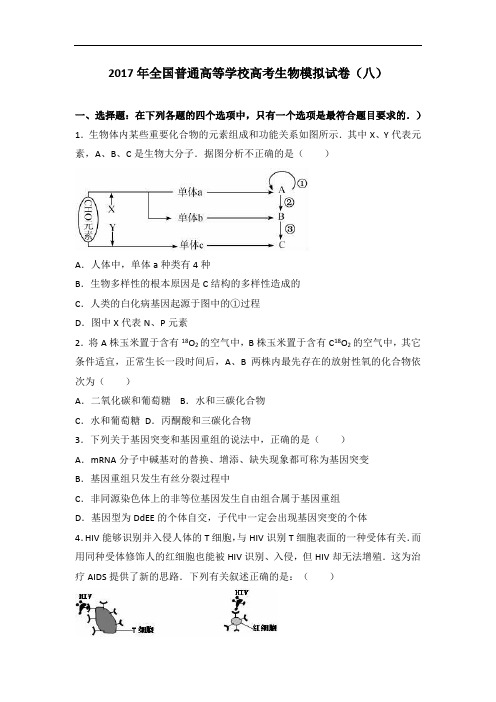 2017年普通高等学校招生全国统一考试模拟(八)理科综合生物试题 Word版含解析