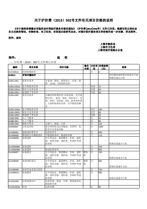 关于沪价费(2010)002号文件有关项目价格的说明