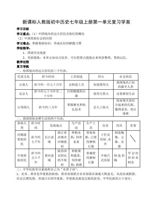 初中历史七年级上册第一单元复习学案