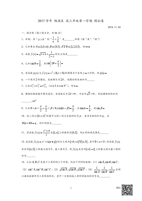 杨浦区2016-2017学年 高三年级上学期期中考试试卷(包括复旦附中)