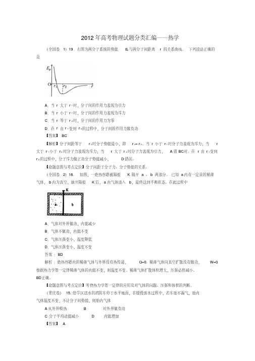 2012年高考物理试题分类汇编：热学(带详细解析)