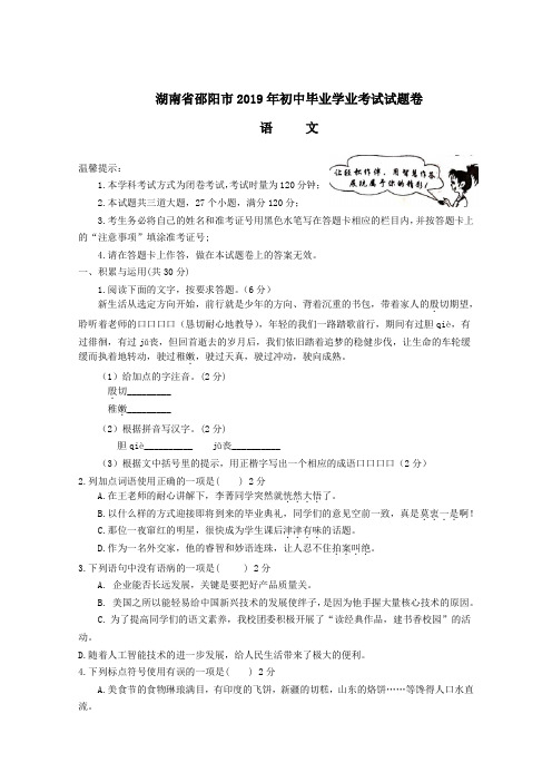 湖南省邵阳市2019年中考语文试题(学生版)
