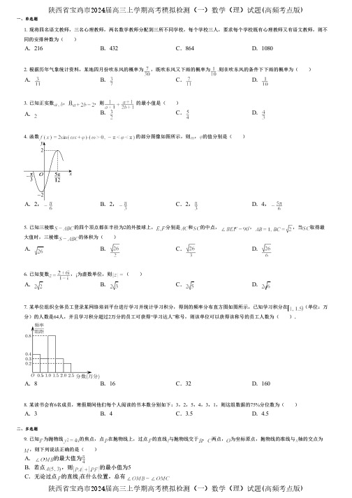 陕西省宝鸡市2024届高三上学期高考模拟检测(一)数学(理)试题(高频考点版)