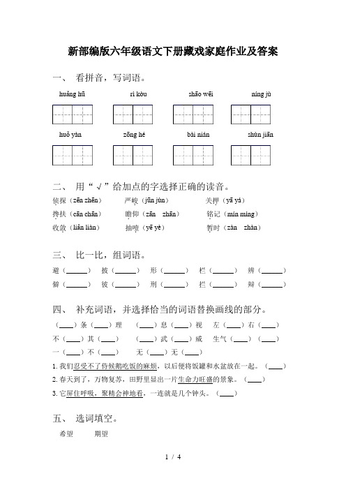 新部编版六年级语文下册藏戏家庭作业及答案