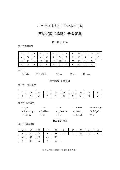 2025年河北省初中学业水平考试英语试卷(样卷)参考答案