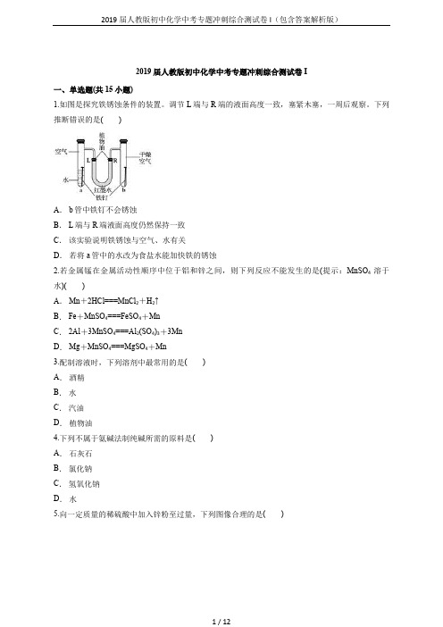 2019届人教版初中化学中考专题冲刺综合测试卷I(包含答案解析版)