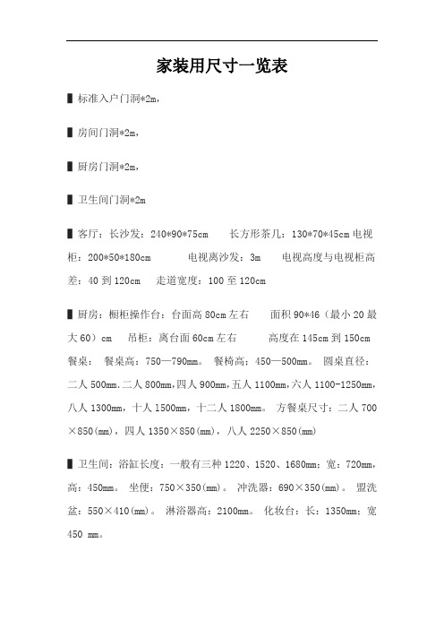 家装用尺寸一览表