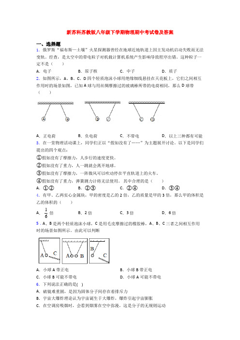 新苏科苏教版八年级下学期物理期中考试卷及答案