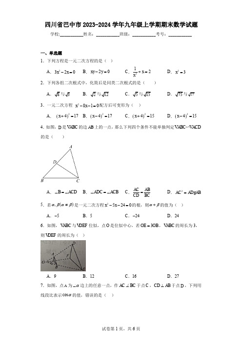 四川省巴中市2023-2024学年九年级上学期期末数学试题