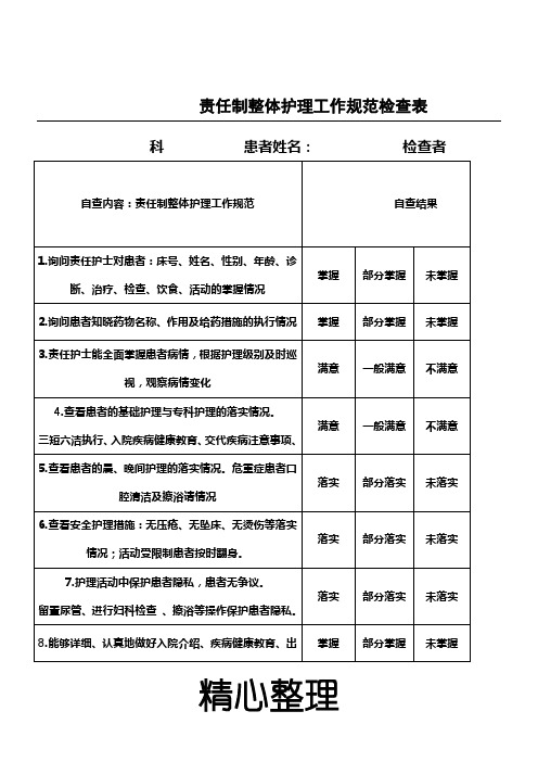 责任制整体护理工作规范自查表格模板(1)