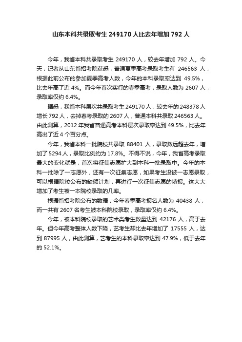 山东本科共录取考生249170人比去年增加792人