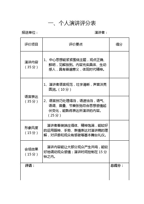 个人演讲评分表