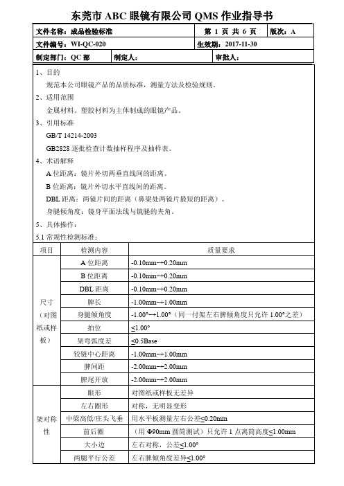 眼镜架作业指导书：20成品检验标准(6页)