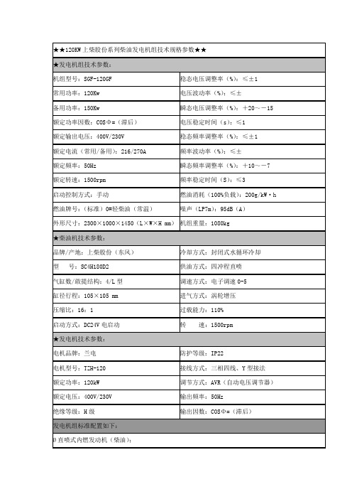 120KW上柴股分系列柴油发电机组技术规格参数