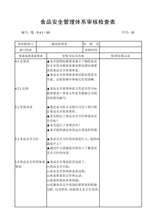 食品生产企业内部质量体系检查表格