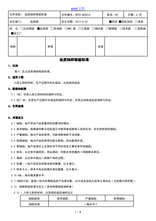 AQL抽样实用的标准