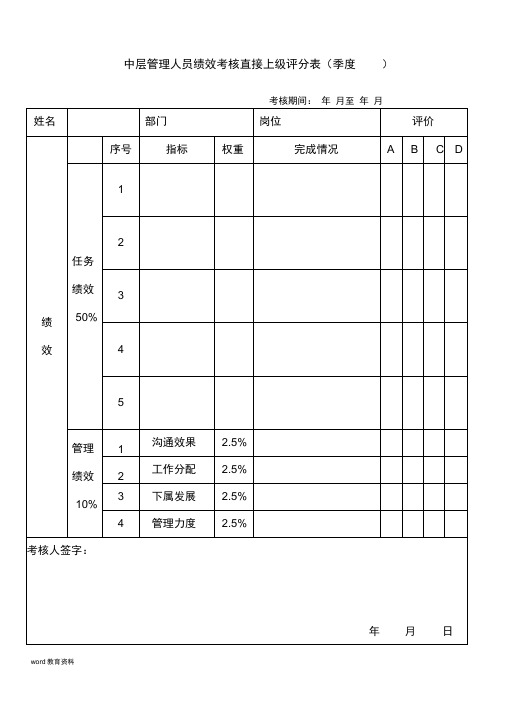 中层管理人员绩效考核直接上级评分表