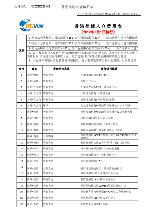 香港入仓价目表