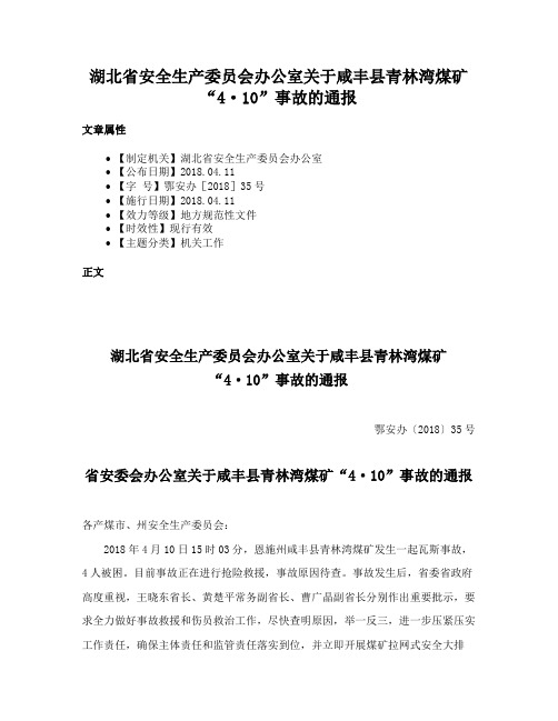 湖北省安全生产委员会办公室关于咸丰县青林湾煤矿“4·10”事故的通报