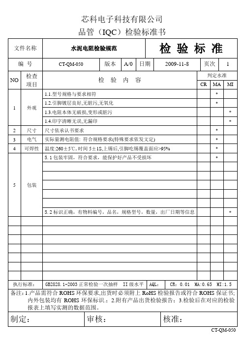 水泥电阻检验标准-050