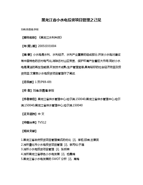 黑龙江省小水电投资项目管理之己见