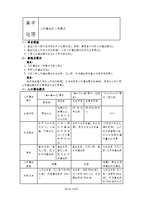 必修2第一章第一节人口增长模式 2 人口增长的三种模式(讲义)