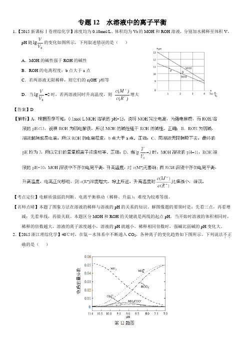 2015高考化学真题汇编_水溶液中的离子平衡