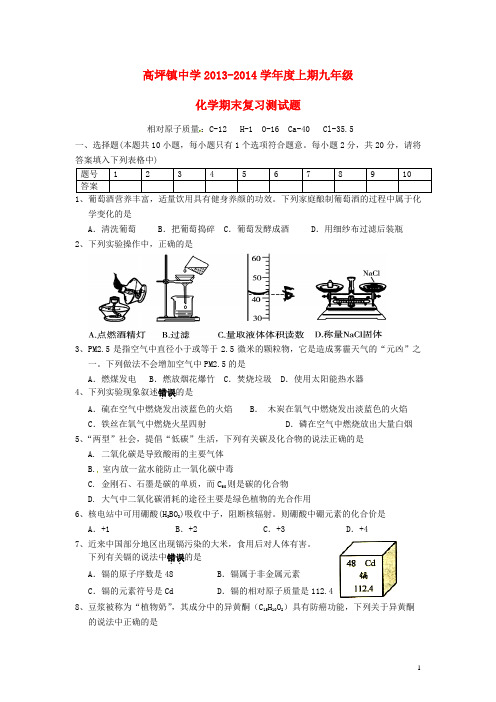 贵州省遵义市汇川区高坪镇中学20高坪镇中学学九年级化学上学期期末复习测试题 沪教版