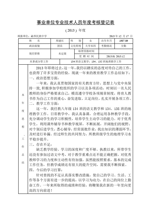 事业单位专业技术人员年度考核登记表(思想工作总结)