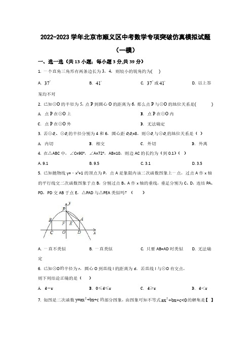 2022-2023学年北京市顺义区中考数学专项突破仿真模拟试题(一模二模)含答案