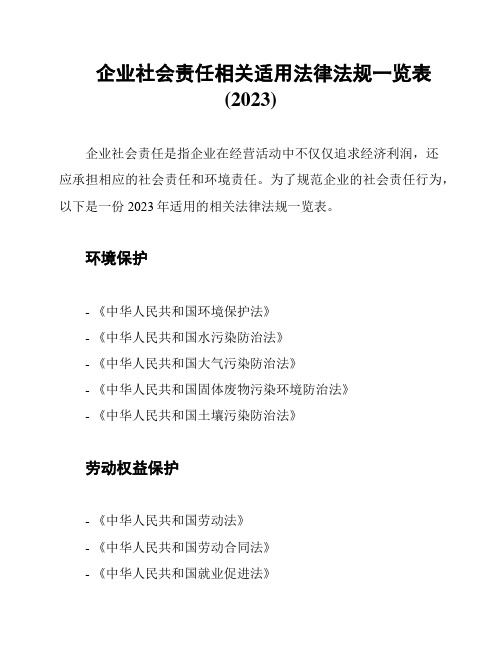 企业社会责任相关适用法律法规一览表(2023)