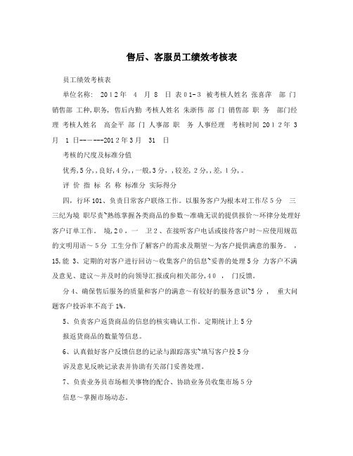 售后、客服员工绩效考核表