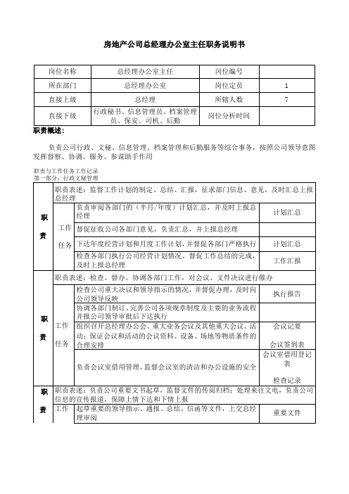 房地产公司总经理办公室主任职位说明书