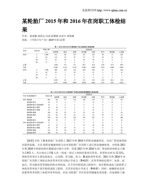 某轮胎厂2015年和2016年在岗职工体检结果