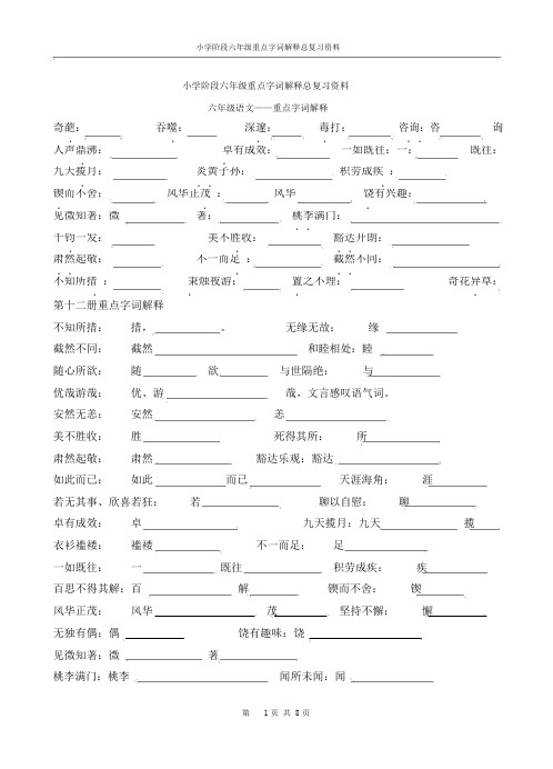 (完整word)小学阶段六年级重点字词解释总复习练习及答案.docx