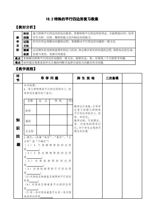 八年级数学下册-18.2特殊的平行四边形 复习 教案