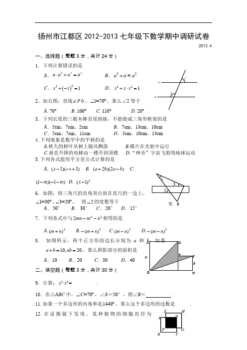 【初中数学】江苏省扬州市江都区2012-2013七年级下数学期中调研试卷 苏科版