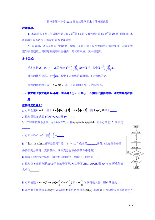 江苏省徐州市第一中学2019届高三上学期期末考前模拟数学试卷 Word版含答案