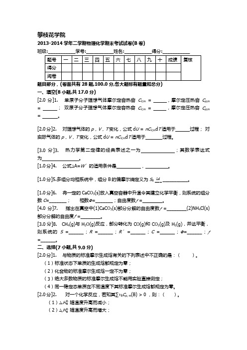 【VIP专享】2013-2014学年二学期物理化学期末考试试卷(B卷)