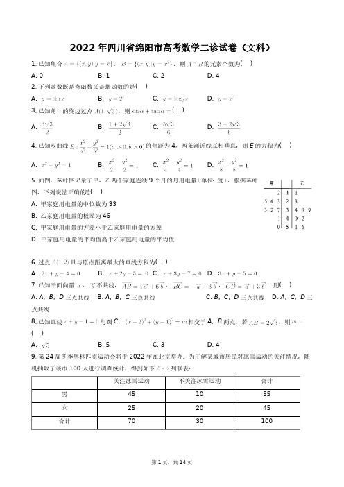 2022年四川省绵阳市高考数学二诊试卷(文科)+答案解析(附后)