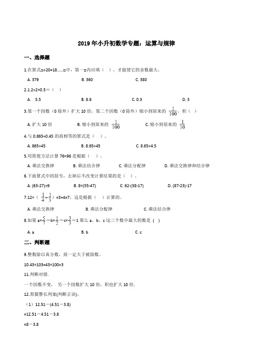 六年级下册数学试题-2019年小升初数学专题：运算与规律(含答案)