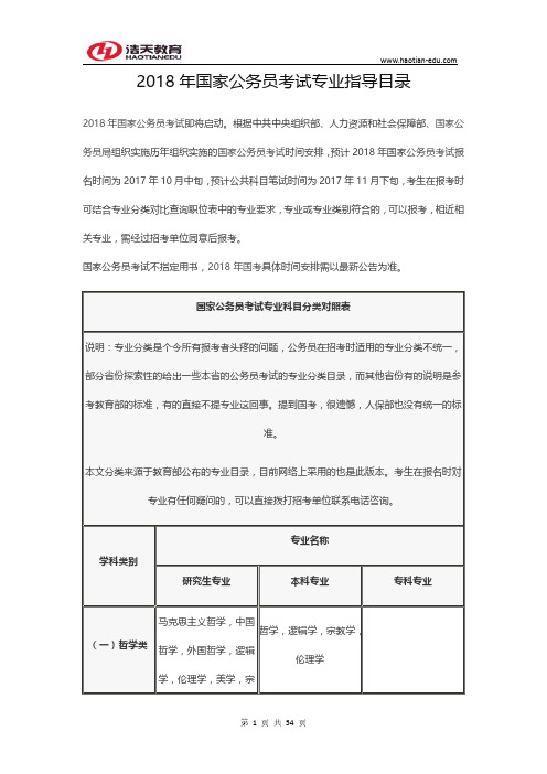 2018年国家公务员考试专业指导目录大全