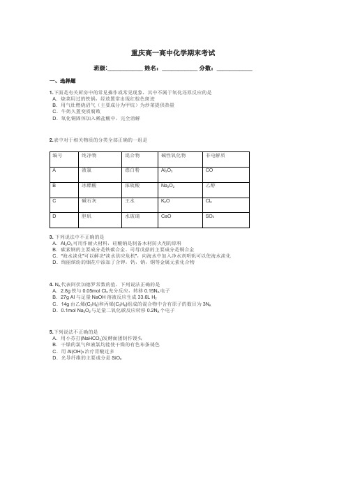 重庆高一高中化学期末考试带答案解析
