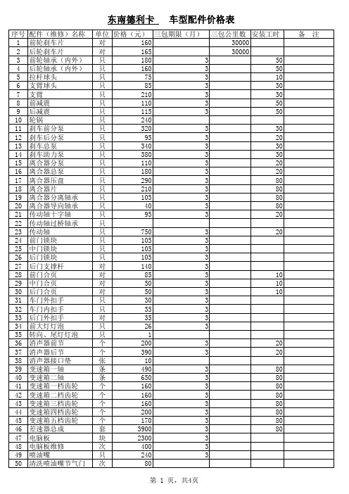 车型配件价格表